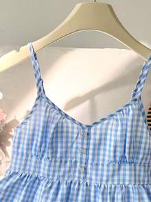 SHEIN Tween Girls Blue Plaid Camisole, Elegant Solid Color Ruffle Trim Camisole, Suitable For Summer, Vacation, Casual, Home, - Blue and White - View 4