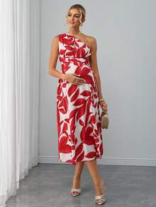 Momance Vestido de maternidad con bloques de color, estampado de hojas rojas, cuello asimétrico, abertura, un hombro para mujeres, blanco, verano, invitada de boda, invitada de boda de maternidad, vacaciones - Multicolor - Ver 3