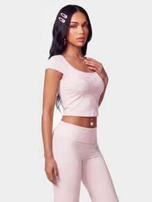 Nooralise Women's Rhinestone Pattern Casual Versatile Daily Wear T-Shirt - Pink - View 4