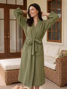 Doze Lane Bata suave de algodón cómoda para mujer, conjunto acogedor para otoño e invierno - Verde Oscuro - Ver 6