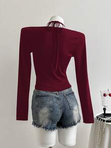 Elamini Black Ribbed Knit Lace Patchwork V-Neck Halter Tie Long Sleeve Slim Fit T-Shirt, Elegant Vintage Chic For Commute, Casual, Dating, Spring/Autumn - Burgundy - View 2
