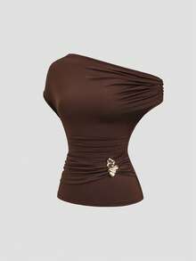 Sweetra Women's Metal Decor Ruched Shoulder Fashion T-Shirt - Coffee Brown - View 1