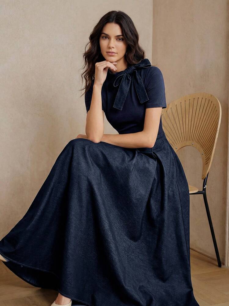 Women's Elegant Woven Fabric Splice Collar Bow Decor Dress, Suitable For Work, Dates And Daily Wear, Navy Blue Short Sleeve Summer Dress