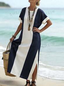 Breezaya Navy-blau & weiß Kontrast Splice Kleid, lose Fledermausärmel Strand Urlaub Schlankheitskleid - Blau-Weiß - Übersicht 3