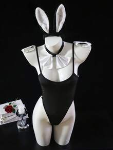 Dansine Bộ đồ liền thân hình thỏ gợi cảm với khóa kim loại bên hông, bộ đồ lót cosplay quyến rũ. - màu đen - Xem 6
