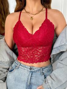 Myrelith Women's Solid Color Lace Patchwork Sheer Fitted Camisole Lingerie - Red - View 3