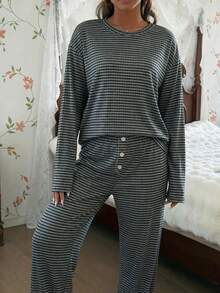 SHEIN 女士休闲条纹印花圆领宽松长袖睡衣套装 - 黑色 - 查看 4