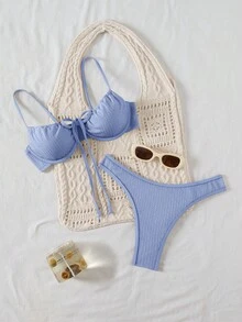 Swim Basics Women's Solid Color Swimwear Set For Vacation & Beach - Blue - View 1