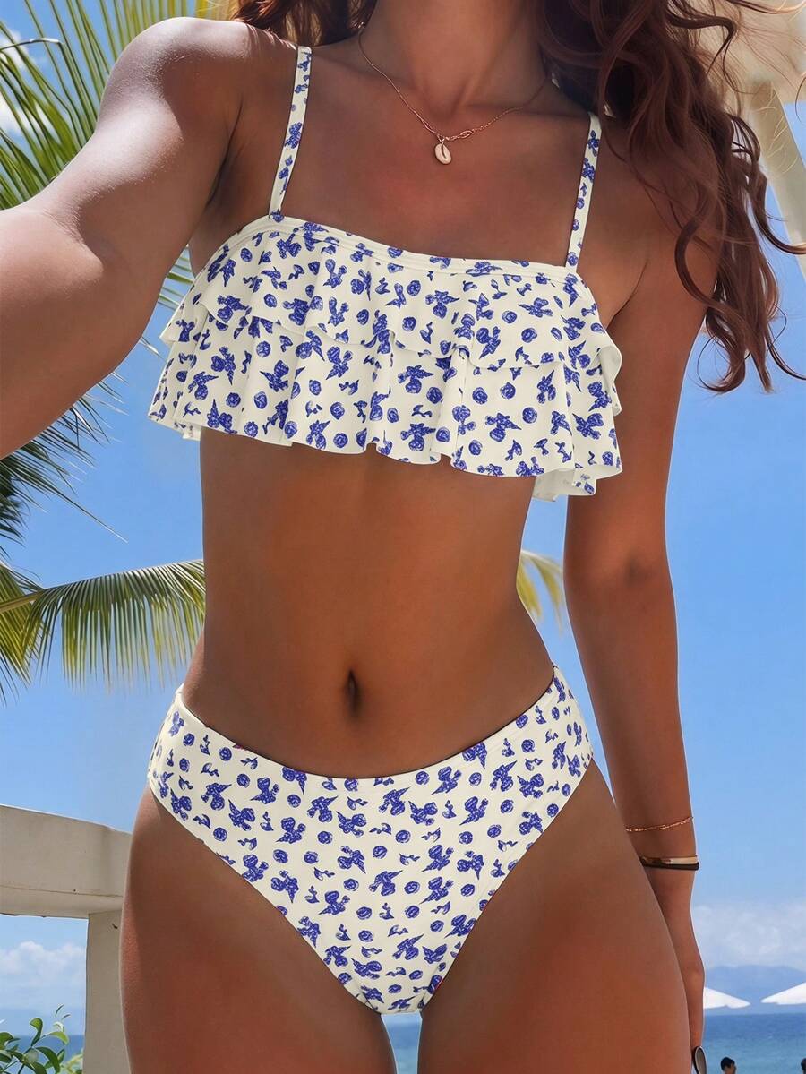 SHEIN Swim Mod Floral Trim Cute Sweet Retro Casual Beach Vacation Women Swimsuit Set - Blue - View 1