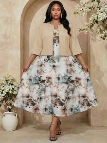 SHEIN Lady 大码优雅纯色外套和印花连衣裙两件套 - 卡其色 - 查看 5