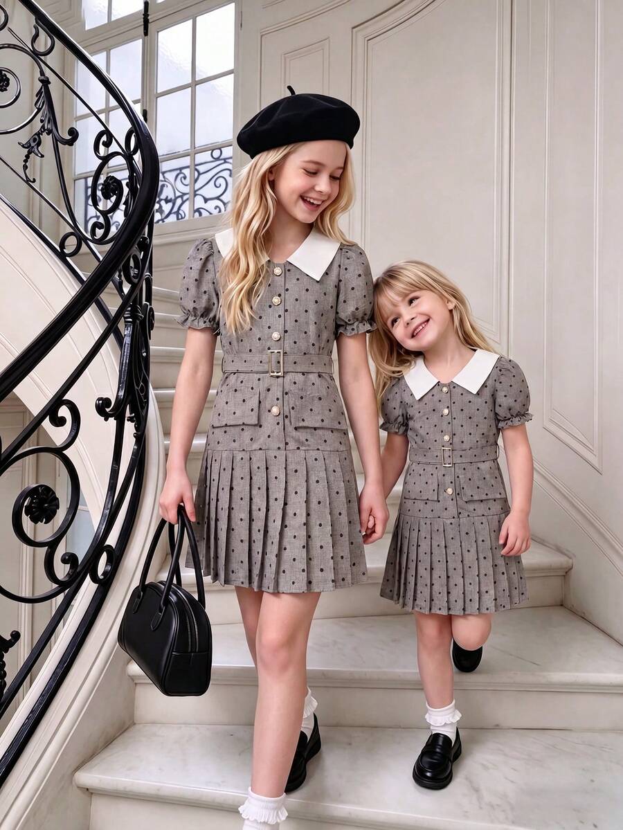 SHEIN Elladie kids 女童夏季新款白色翻领连衣裙,灰色波点印花前片,收腰设计,休闲简约时尚连衣裙 - 灰色 - 查看 1