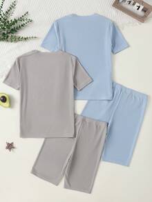 Boys' Ice Silk Ribbed Short Sleeve & Shorts Snug Fit Pajama Set - Multicolor - View 2