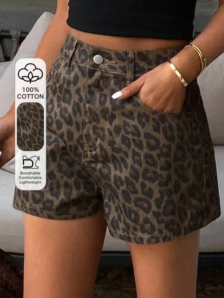 Women's Regular Waist Casual Leopard Print Denim Shorts
