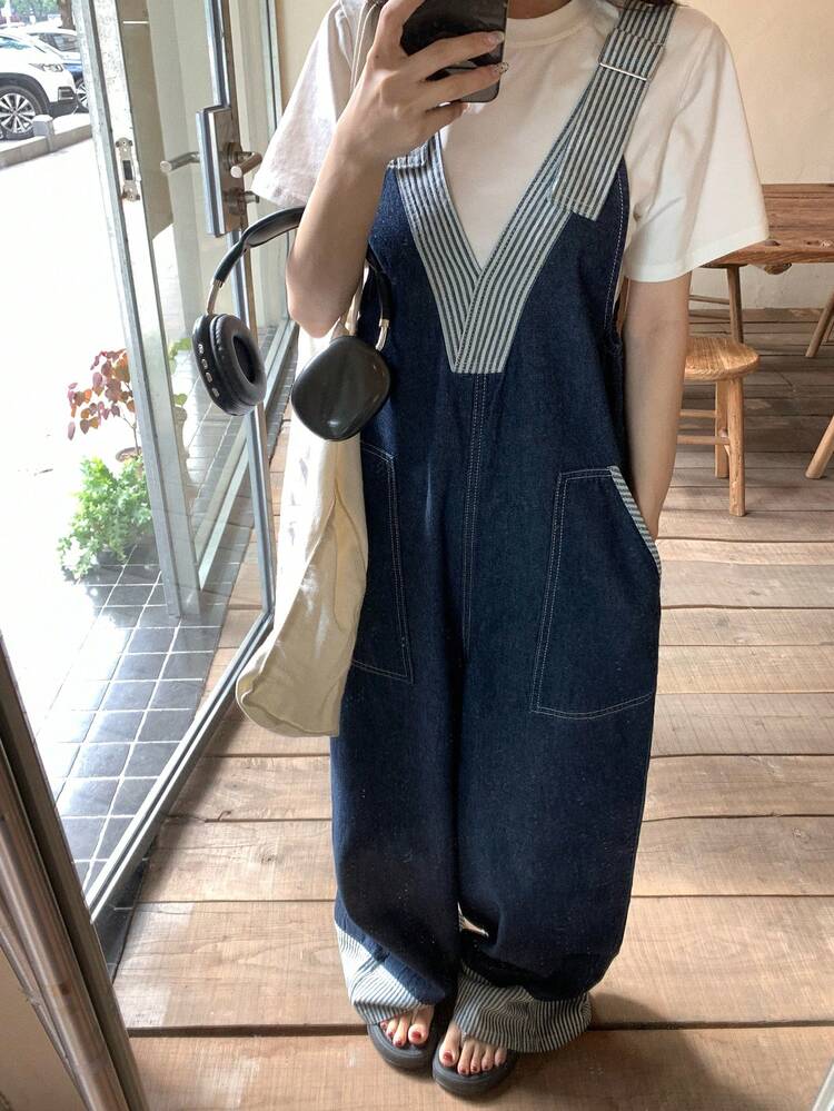 Women's Deep V-Neck Striped Strap Patchwork Sleeveless Loose Casual Denim Jumpsuit Summer