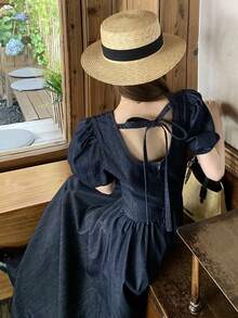 Vestido vaquero casual largo con cuello redondo, manga corta, espalda descubierta y lazo para mujer - Azul lavado oscuro - Ver 8