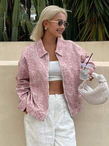 Chaqueta vaquera casual y holgada con estampado de leopardo para mujer - Rosa - Ver 2