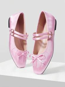 MOTF WOMEN'S ELEGANT MINIMALIST COMMUTING SOLID COLOR BOW DECOR DOUBLE BUCKLE STRAPS BALLET FLATS SHOES FOR CHRISTMAS VALENTINE'S DAY - Baby Pink - View 4