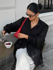 Dazy Plus Đầm ngắn thanh lịch, chất liệu vải voan mỏng, vạt bất đối xứng, cổ đứng và tay dài. - màu đen - Xem 2