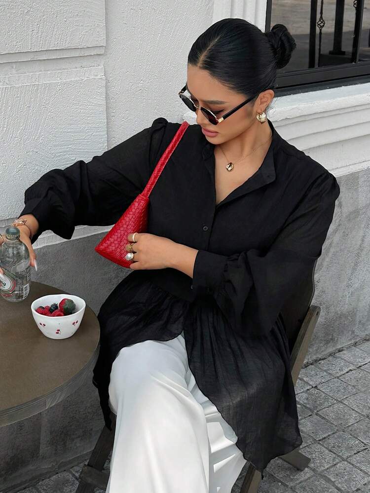 Dazy Plus Elegant Sheer Asymmetrical Hem Short Shirt Dress With Stand Collar And Long Sleeves