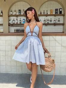 SHEIN Frenchy 女士条纹深V领露背迷你连衣裙 - 彩色 - 查看 6