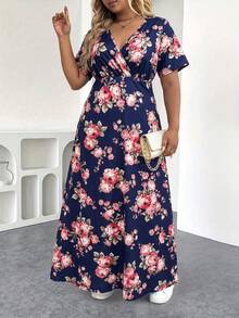 SHEIN Clasi 大码独特碎花时尚性感V领波点短袖连衣裙，波西米亚风长裙 - 藏蓝色 - 查看 4
