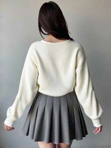 SHEIN Tween Girl Solid Color Bat Wing Cropped Cardigan, Autumn Crop Top Cropped Sweater White Crop Top Pleated Mini Skirt Crop Top And Skirt Cardigan Fall Winter Fall Cardigan - White - View 2
