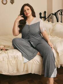 Côtesoire Conjunto de pijama de talla grande con mangas cortas, encaje y parches de colores contrastantes, elegante y francés - Gris Oscuro - Ver 1