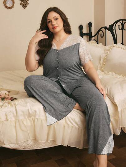Côtesoire French Elegant Contrast Color Lace Patchwork Short Sleeve Plus Size Pajama Set