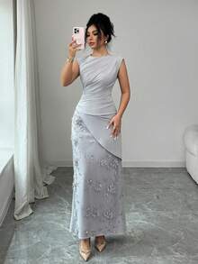 Elenzga Đầm nữ màu trơn, chất liệu vải hoa 3D phối nhiều mảnh, kiểu dáng thanh lịch và lãng mạn, thích hợp cho hẹn hò, tiệc trà chiều, lễ tốt nghiệp, hoặc đi nghỉ mát. - Xám - Xem 1