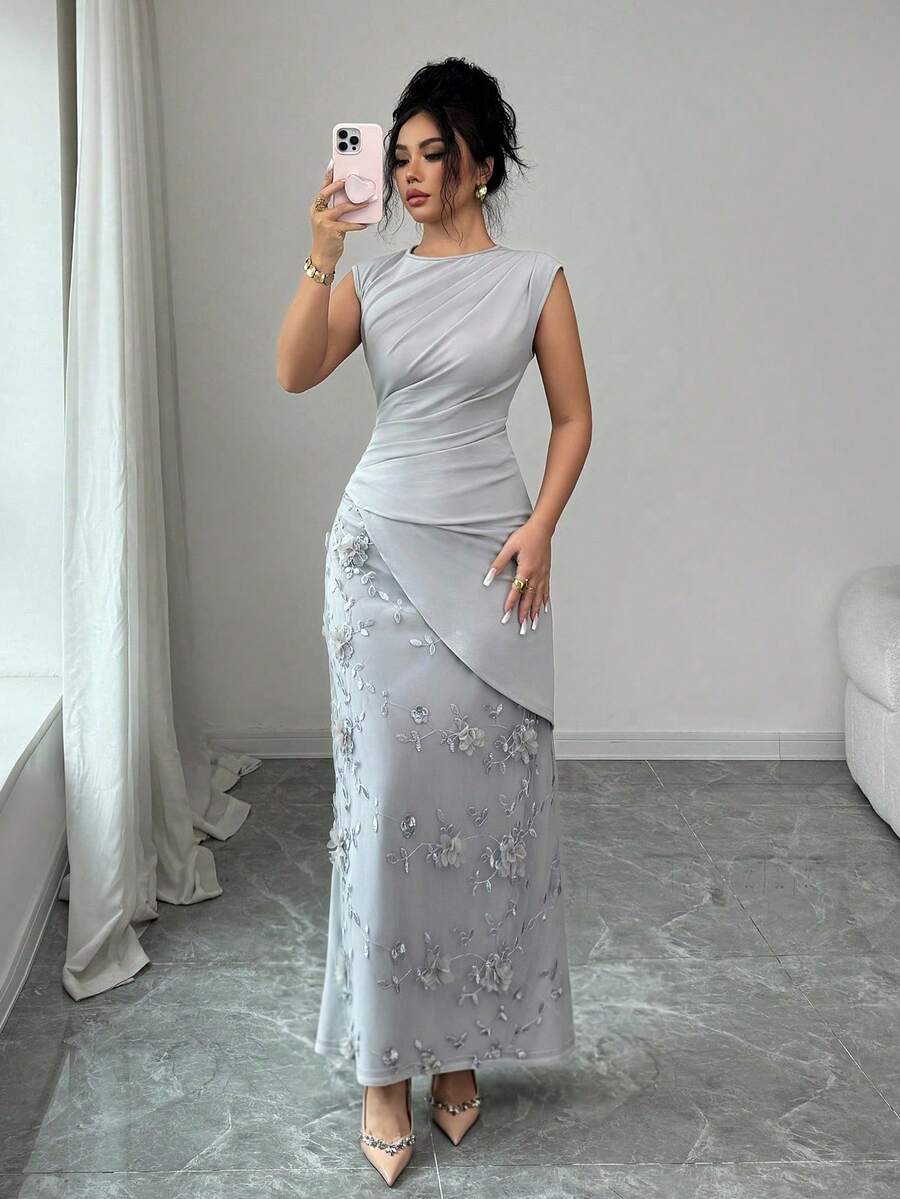 Elenzga Đầm nữ màu trơn, chất liệu vải hoa 3D phối nhiều mảnh, kiểu dáng thanh lịch và lãng mạn, thích hợp cho hẹn hò, tiệc trà chiều, lễ tốt nghiệp, hoặc đi nghỉ mát. - Xám - Xem 1