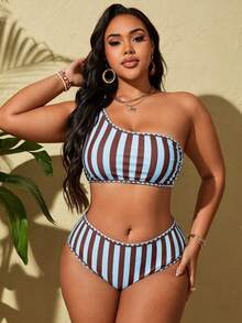 Swim Vcay Bộ bikini lệch vai phối màu kẻ sọc dành cho nữ cỡ lớn, thích hợp cho kỳ nghỉ hè ở bãi biển. - Nhiều màu - Xem 5