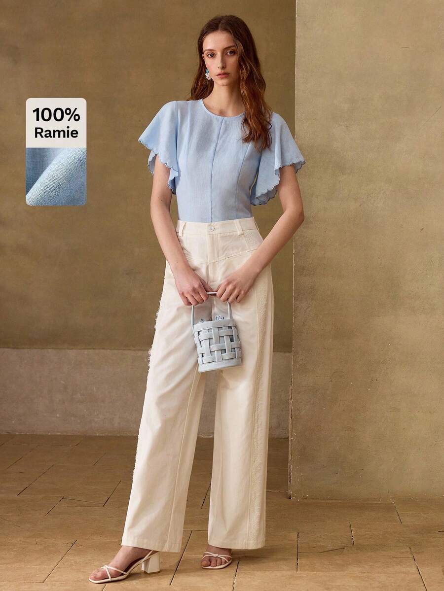 MOTF PREMIUM WOMEN'S 100% LINEN ROUND NECK SHORT SLEEVE EMBROIDERED WAVY BLOUSE, SUITABLE FOR DATES AND VACATIONS - Blue - View 2