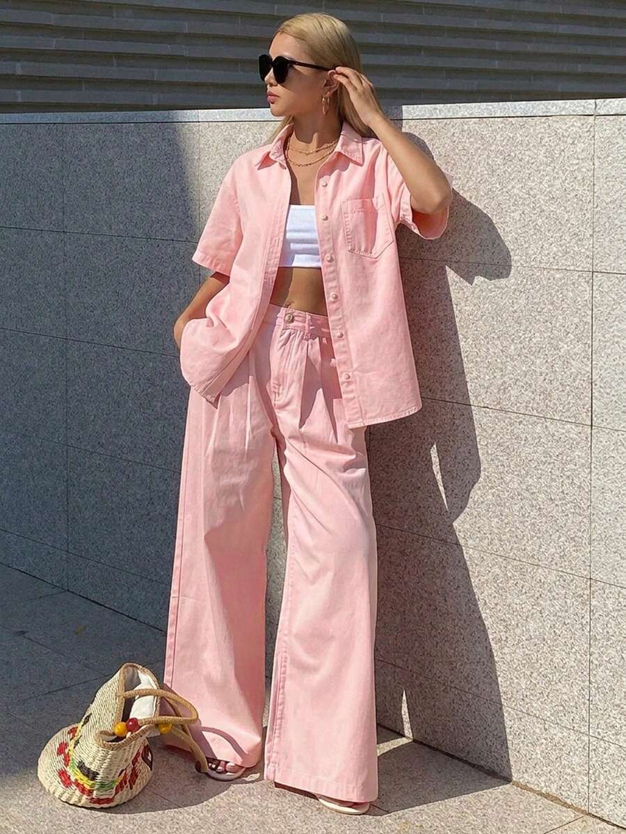 DAZY 女士翻领宽松衬衫搭配直筒裤休闲套装,粉色,优雅又不失青春活力 - 粉色 - 查看 1