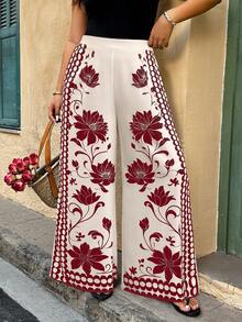 Weeklong Plus Size Women's Straight Solid Color Floral Casual Vacation Pants, Spring/Summer - Multicolor - View 3