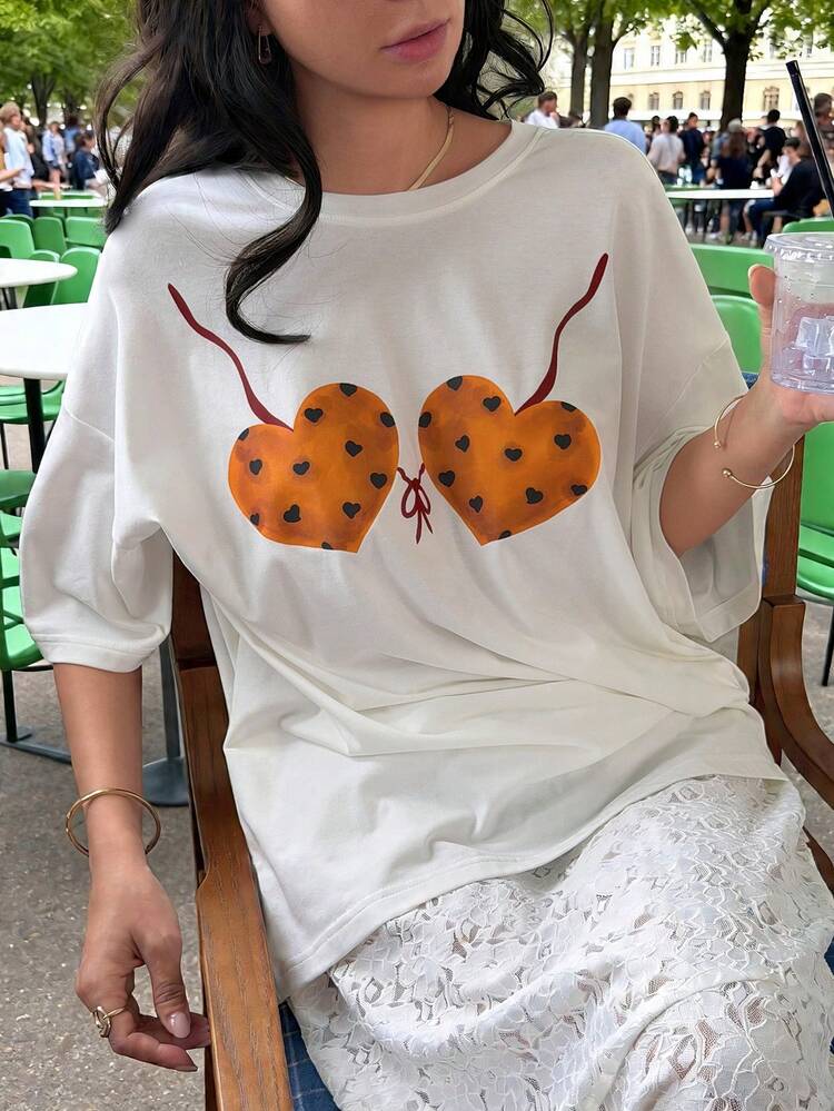 Women's Loose Fit Round Neck Printed Vacation Style T-Shirt, Summer