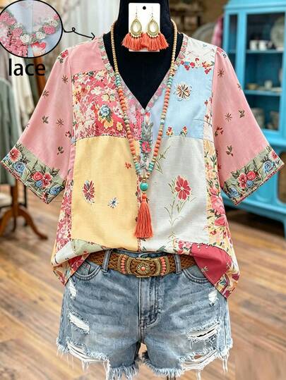 Linhara Plus Size Women's Bohemian Patchwork Retro Print V-Neck Lace Patchwork Blouse, Contrast Floral 3/4 Sleeve Ruffle Hem Loose Vacation Casual Commuter Top, Versatile French Retro Summer Shirt
