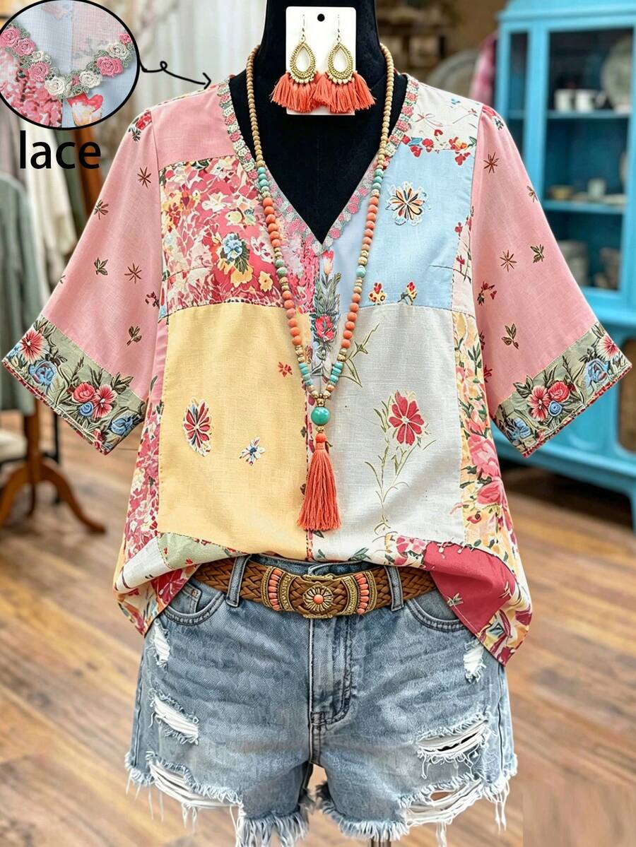 Linhara Áo kiểu nữ cỡ lớn phong cách Bohemian phối họa tiết cổ điển, cổ chữ V, phối ren, tay lỡ 3/4, viền bèo nhún, dáng rộng, thoải mái, thích hợp đi nghỉ mát, đi làm, đa năng. Áo sơ mi mùa hè phong cách Pháp cổ điển. - Nhiều màu - Xem 1