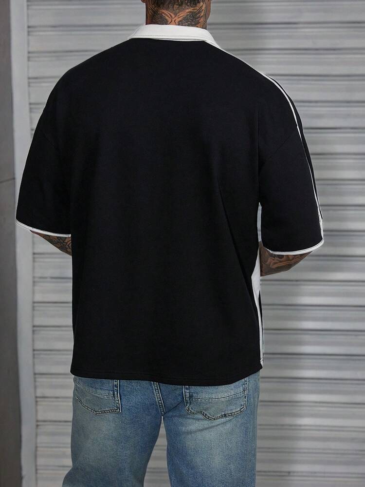 Collabo Letter Print Contrast Color Design Black & White Men's Polo Shirt, Short Sleeve