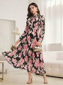 Modelyn Ruffled Tie Collar Pleated Floral Print Dress - Black - View 6
