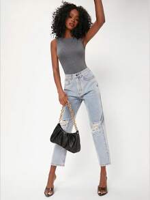 SHEIN BASICS 女士纯色圆领休闲连体衣 - 灰色 - 查看 4