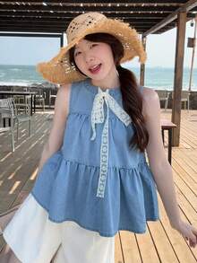 DAZY Women's Summer Round Neck Sleeveless Lace Patchwork Tie-Up Casual Cropped Denim Pullover Top - Medium Wash - View 3