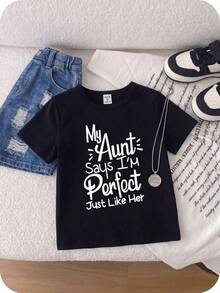 SHEIN Camiseta de manga corta con estampado de unicolor casual para niño pequeño, ideal para escapadas, vacaciones, viajes, relajación, tomar el sol, verano - Negro - Ver 3