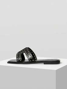 MOTF Sandalias planas de verano con decoración de remaches para mujer, de estilo casual y cómodo para la calle y el día a día - Negro - Ver 3