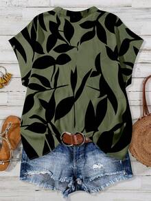 Linhara Plus Size Contrast Color Leaf Print Notched Neck Short Sleeve Shirt - Dark Green - View 2