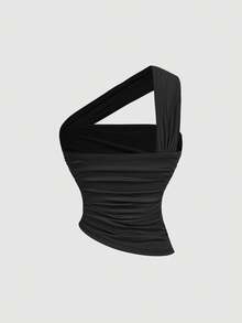 SHEIN MOD 2件套/不对称肩部/不对称褶皱酒红色吊带衫 - 紅色和黑色 - 查看 7