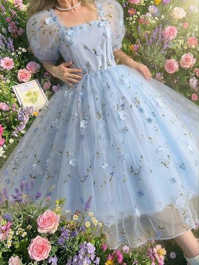 少女 3D 花卉网眼泡泡袖公主裙，优雅大方，适合婚礼、生日派对、宴会