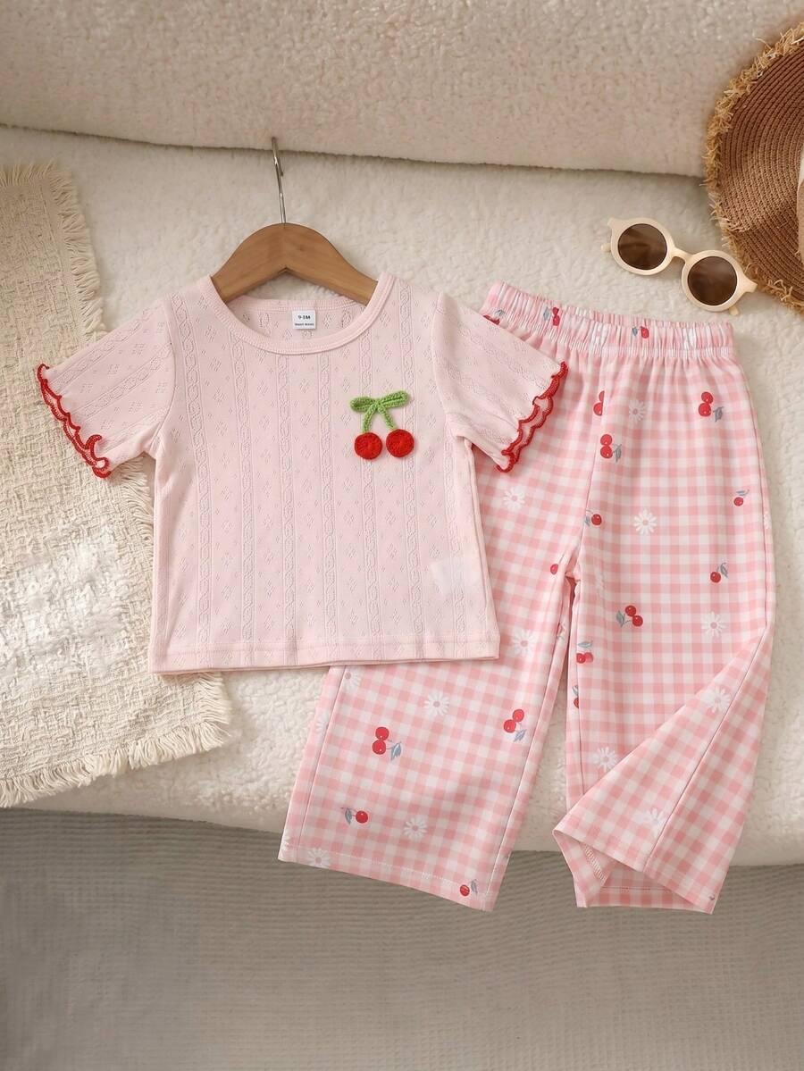 SHEIN Playful Pals 女婴樱桃装饰圆领T恤和格子花卉印花休闲裤套装