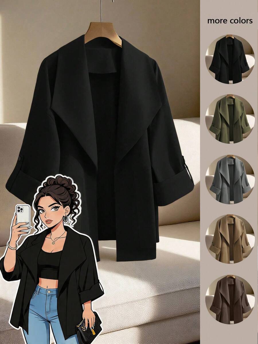 GlowEve CURVE Plus Size Women's Solid Color Lapel Casual Windbreaker Jacket Fall - Black - View 1