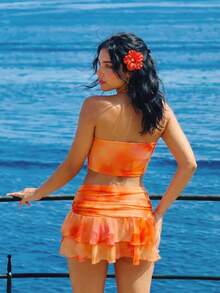 SHEIN Sweetina Bộ 2 món thời trang nữ gợi cảm cổ yếm màu hồng gồm áo crop top và chân váy ngắn. - trái cam - Xem 2