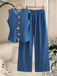 SHEIN 2pcs/Set Girls' Denim Effect Camisole And Pants Set,Ocean-Themed Metal Asymmetrical Buckle,Aqua Blue,Summer,Casual,Vacation,Holiday Minimalist Outfit - Blue - View 3